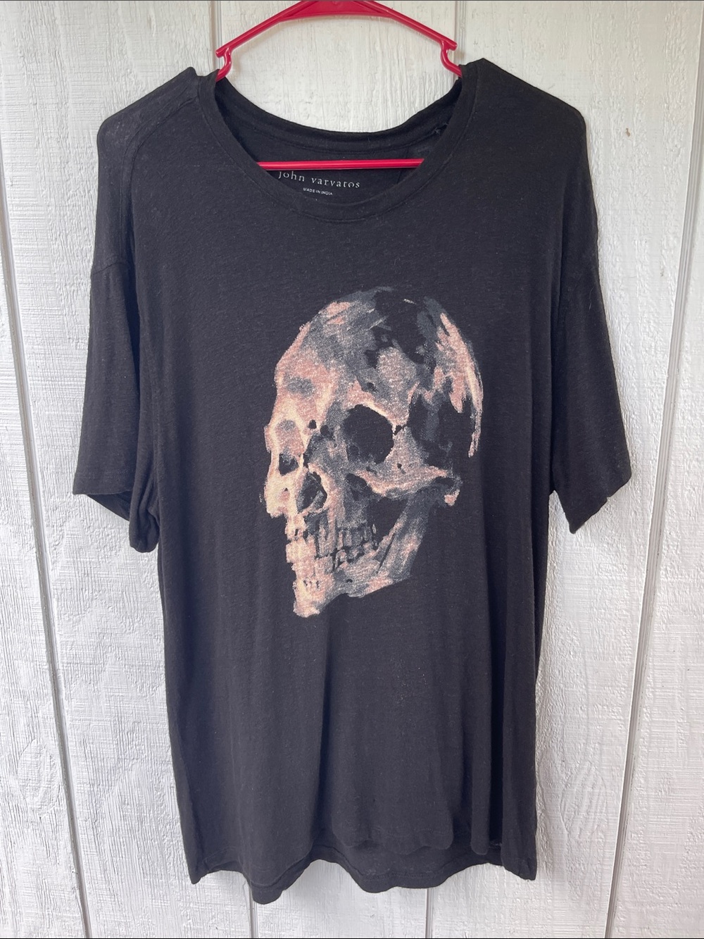 John Varvatos Black Short-Sleeve Tee with Muted Pink-Beige Skull